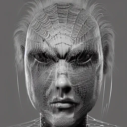 Image similar to hr giger and beeple and artgerm 3 d render of a man with fractal spiderwebs all over his face, detailed, reflections, realistic, unreal engine, cgsociety