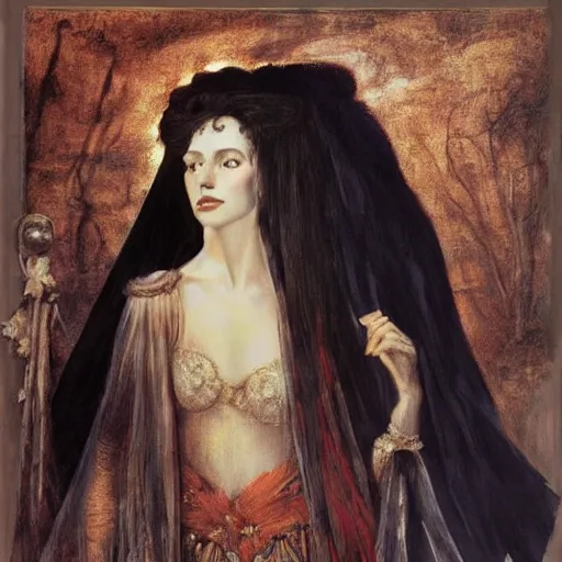 Prompt: oil painting of princess Vulvine, Hungarian, curly dark hair, fair skin, funeral veil, dark ominous by Georgia o Keeffe, by Marcel Jankowicz, by Botticelli, by Gustave Moreau, concept art, master