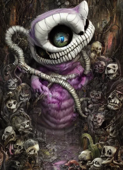 Image similar to cheshire cat, angry, scary, cheeky, welding googles, skull, highly detailed, cinematic, 8 k, by megan duncanson, benjamin lacombe, stanley artgermm, tom bagshaw, craig mullins, carne griffiths, ayami kojima, beksinski, giger, trending on deviantart, hyper detailed, horror, full of colour