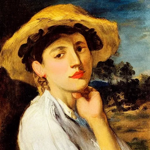 Image similar to woman wearing a panama hat, by eugene delacroix.