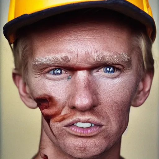 Image similar to far view, extremely skinny malnourished donald trump, wearing dirty overalls, dirty greasy face, grin, portrait, close up, kodak gold 2 0 0, 5 0 mm,