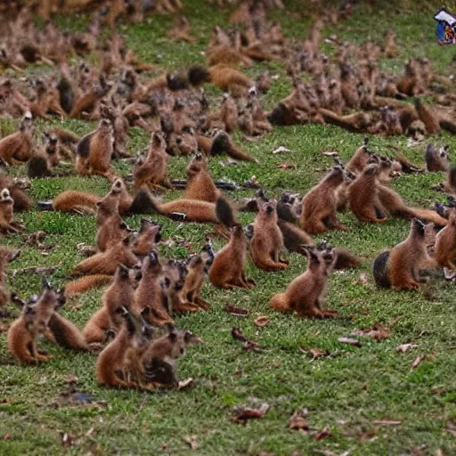 Image similar to army of squirrels fighting against child