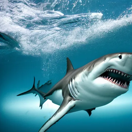 Image similar to action photo of shark jumping from surface of the sea into the ship, from nature journal, 1 / 1 0 0 0 sec shutter, action photo