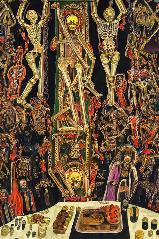 Prompt: scene from a orthodox church, celebrating day of the dead, cyber skeletons eating their brains out at a long crucifix - shaped table, queen in black silk in the center neon painting by otto dix