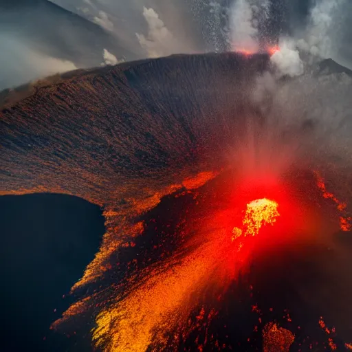 Prompt: eruption of vulcano, aerial view, dramatic lighting, cinematic
