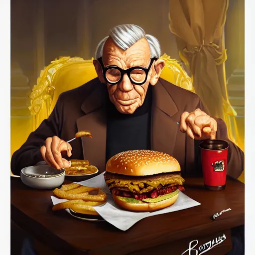 Prompt: portrait of george burns eating hamburgers, extra onions and ketchup, luscious patty with sesame seeds, feminine ethereal, handsome, d & d, fantasy, intricate, elegant, highly detailed, digital painting, artstation, concept art, matte, sharp focus, illustration, art by artgerm and greg rutkowski and alphonse mucha