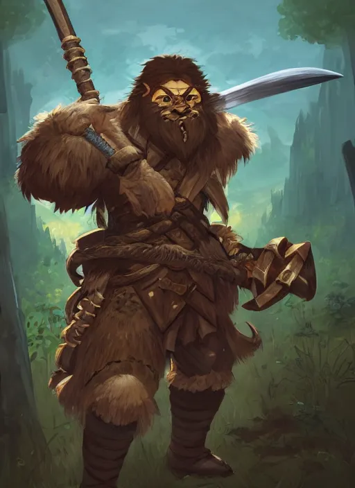 Image similar to strong young man, bugbear ranger, black beard, dungeons and dragons, pathfinder, roleplaying game art, hunters gear, flaming sword, jeweled ornate leather armour, concept art, character design on white background, by studio ghibli, makoto shinkai, kim jung giu, poster art, game art