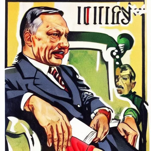 Image similar to hungarian prime minister viktor orban sits on hitler's lap, nazi germany propaganda poster art 1 9 4 4, highly detailed, colored