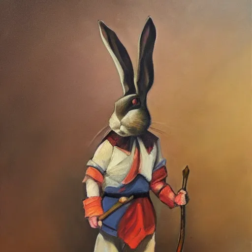 Image similar to rabbit swordman, brush strokes, oil painting