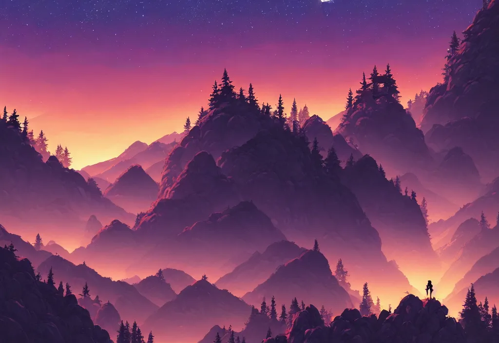 Image similar to mountains background with pines at night, rocks, trees, castle, night sky, intricate oil painting, high detail illustration, sharp high detail, manga and anime 1 9 9 9, official fanart behance hd artstation by jesper ejsing and makoto shinkai, 4 k,