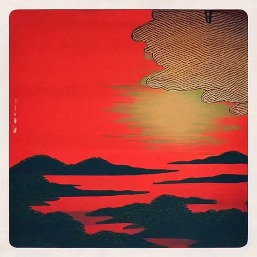 Image similar to “a bright red sunrise, in the style of Ukiyo-e”