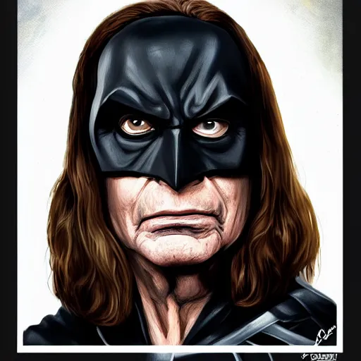 Image similar to portrait of Ozzy Osbourne as batman, highly detailed, artstation, concept art, sharp focus, illustration, art by Carel Fabritius