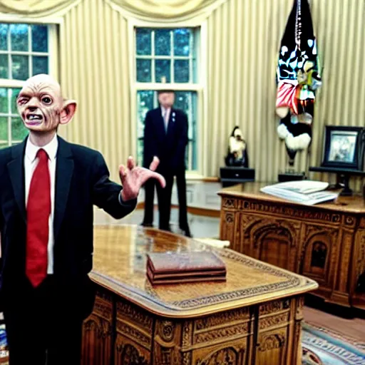 Image similar to president gollum giving a speech in the oval office