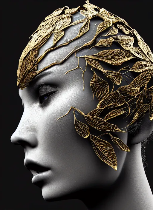 Image similar to bw contrasted close - up profile face, black background, beautiful young porcelain vegetal - dragon - cyborg - female, 1 5 0 mm, beautiful natural soft rim light, silver gold details, magnolia leaves and stems, roots, mandelbot fractal, elegant, ultra detailed, white metallic armour, octane render, h. r. giger style