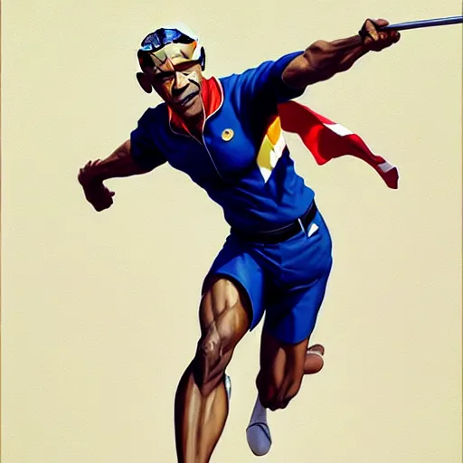 Image similar to barrack obama throwing a javelin in traditional olympic uniform, detailed, digital painting, artstation, concept art, donato giancola, joseph christian leyendecker, wlop, boris vallejo, breathtaking, high details, extremely detailed, establishing shot, artistic, hyper realistic, octane render