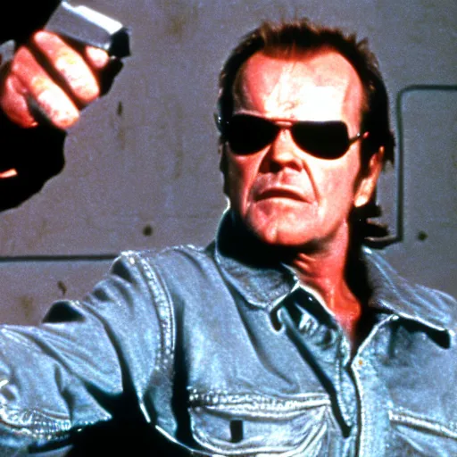 Image similar to Jack Nicholson plays Terminator, epic scene where his endoskeleton gets exposed