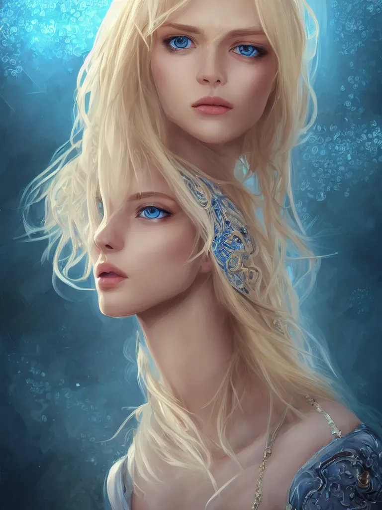 Prompt: A beautiful blonde Slavic woman in her 30’s, highly detailed full body, beautiful blue eyes, detailed, wearing fancy clothes, highly detailed figure, fractal crystal, epic composition, ultra wide-shot, dynamic pose, concept art, beautifully lit, digital painting, smooth, desaturated color theme, character design, sharp focus, elegant, intricate, post processing, artstation, by WLOP, James Jean, Victo Ngai, ryohei hase