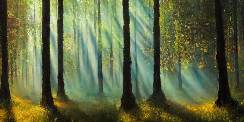 Image similar to An oil painting of an intensely beautiful forest in the morning with vertical trees; rays of light coming through the canopy; trending on artstation; extraordinary masterpiece!!!!!!