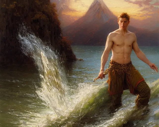 Image similar to attractive male wizard casting powerful tsunami wave spell in a beautiful lake. highly detailed painting by gaston bussiere, craig mullins, j. c. leyendecker 8 k