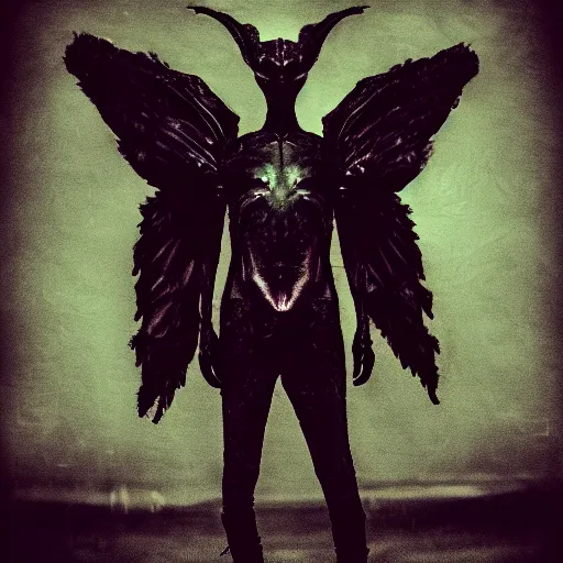 Image similar to a dark artistic photo of an alien creature with crazy wings, a polaroid photo