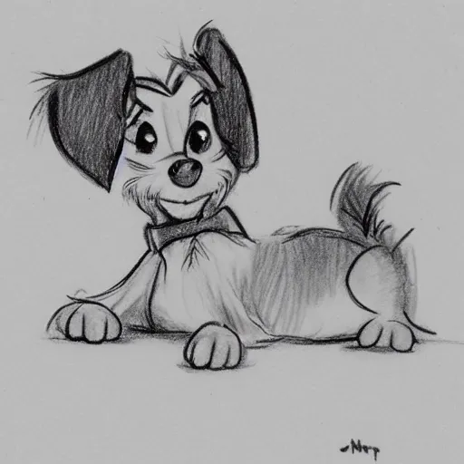 Image similar to milt kahl pencil sketch of happy mini schnauzer cartoon lady and the tramp style