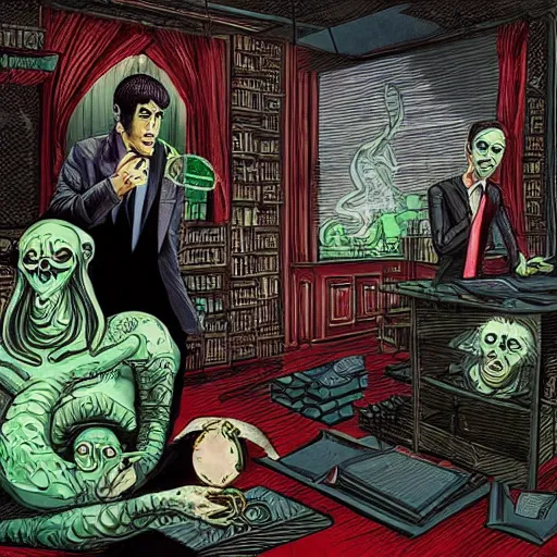 Image similar to Cthulhu as a modern day business man with a family and a drug and gambling addiction, necronomicon is the family Bible , Junji Ito and Greg rutkowski, psychedelic , 50s style infomercial , award winning , retro futuristic