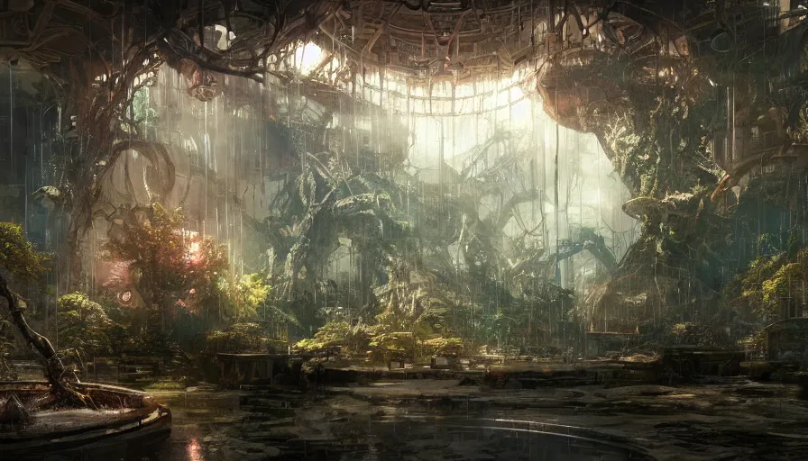 Prompt: craig mullins and ghibli digital illustration of colossal tree inside rapture, bioshock concept art, under glass dome, solarpunk, colorful, unreal engine, hyper realism, realistic shading, cinematic composition, realistic render, octane render, detailed textures, photorealistic, wide shot