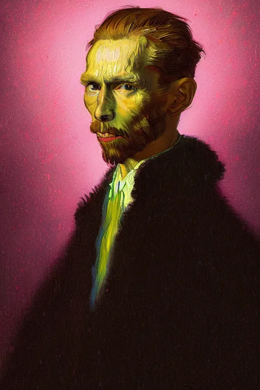 Prompt: portrait of van goh wearing high fashion, staring directly into camera, intricate, elegant, glowing lights, highly detailed, digital painting, artstation, sharp focus, illustration, art by wlop, mars ravelo and greg rutkowski