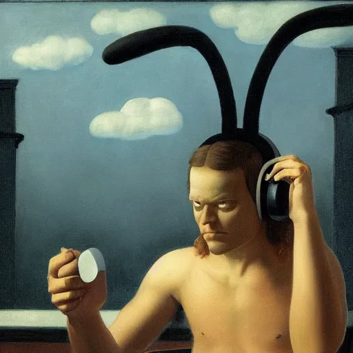 Image similar to a demon listening to headphones by Raphael, Hopper, and Rene Magritte. detailed, romantic, enchanting, trending on artstation.