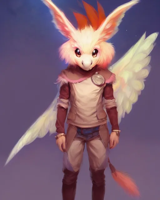 Image similar to character concept art of a cute young male anthropomorphic colorful furry angel dragon | | cute - fine - face, pretty face, key visual, realistic shaded perfect face, fine details by stanley artgerm lau, wlop, rossdraws, james jean, andrei riabovitchev, marc simonetti, and sakimichan, trending on artstation