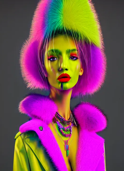 Image similar to stylish coat for a rave, bright colors, many details, prints, photo for a magazine, photo for a store, fashion photography, Vogue, 135 mm, cinematic, hyper realism, high detail, octane render, 8k, chrome accents, very coherent symmetrical artwork, perfect face model, full length photo, Upper and lower body, light skin tone