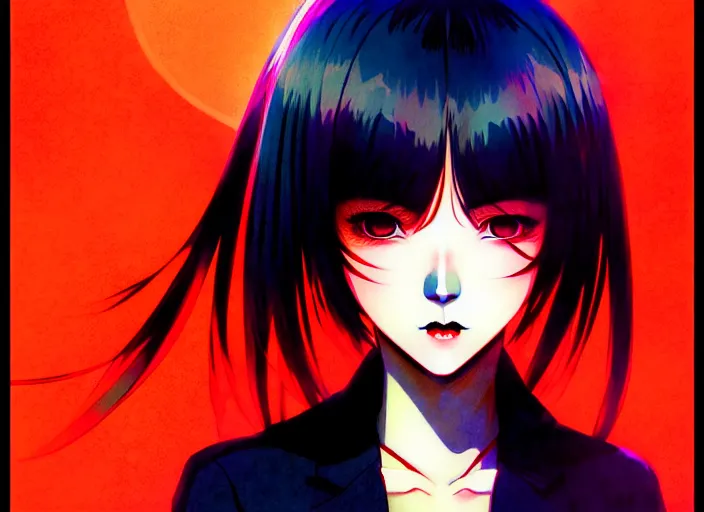 Image similar to editorial illustration colorful, anime portrait vampire princess miyu, katsuhiro otomo, manga, ilya kuvshinov, fine texture, realistic shading, fine details, matte colors, film noir, dramatic lighting, dynamic composition, moody, vivid, volumetric