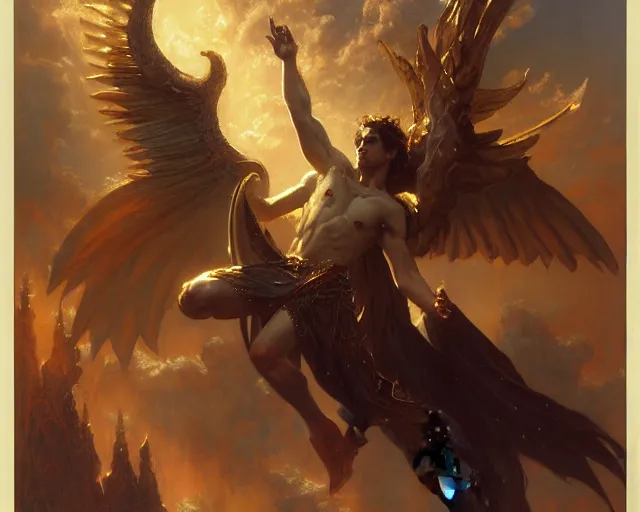 Image similar to attractive pagan male deity, casting chaos magic, summoning handsome lucifer morning star. highly detailed painting by gaston bussiere, craig mullins, j. c. leyendecker 8 k