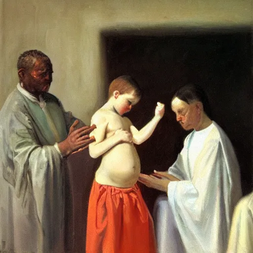 Image similar to a child being baptised, oil painting