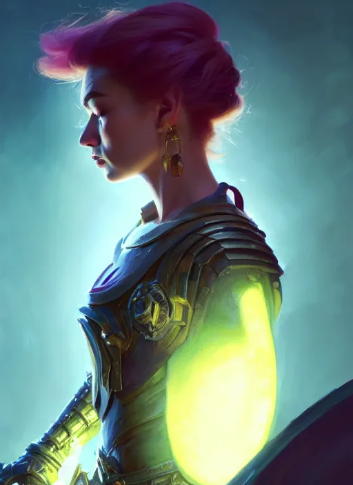 Image similar to side portrait, imogen poots, paladin!, fantasy, gloomhaven, luminescent, organic painting, gaudy colors, octane render, unreal engine, by greg manchess, huang guangjian, gil elvgren, sachin teng, greg rutkowski, jesper ejsing, ilya kuvshinov