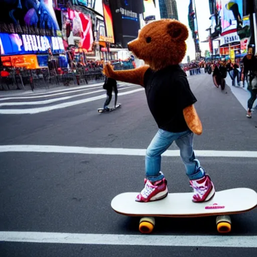 Image similar to a teddy bear on a skateboard in times square