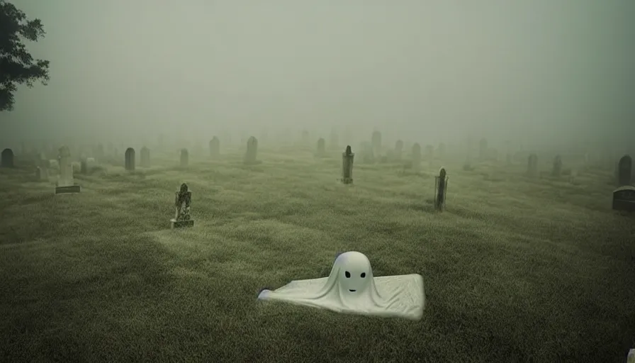 Prompt: a photograph of a ghost floating above a cemetary by a beach, ethereal, misty, muted colors, landscape