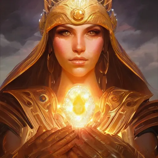 Image similar to solar goddess, d & d, fantasy, portrait, highly detailed, digital painting, trending on artstation, concept art, sharp focus, illustration, art by artgerm and greg rutkowski and magali villeneuve