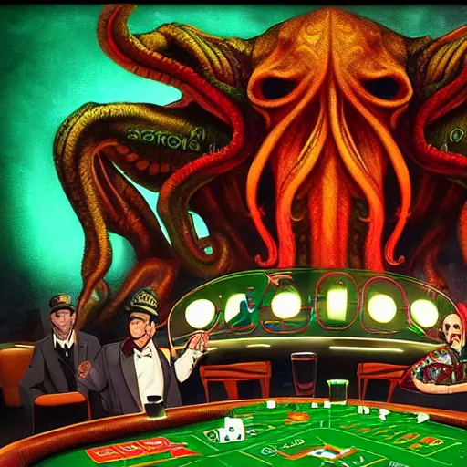 Image similar to digital art of cthulhu playing in a casino, realistic, highly - detailed, artstation cgsociety masterpiece