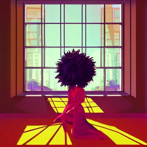 Image similar to giant flower under head, woman next to modern windows, luxury apartment, surreal photography, dramatic light, impressionist painting, digital painting, artstation, james gilleard