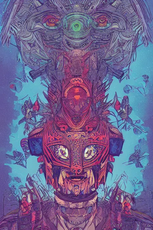 Image similar to totem animal tribal chaman vodoo mask feather gemstone plant video game illustration vivid color borderlands and by feng zhu and loish and laurie greasley, victo ngai, andreas rocha, john harris radiating a glowing aura