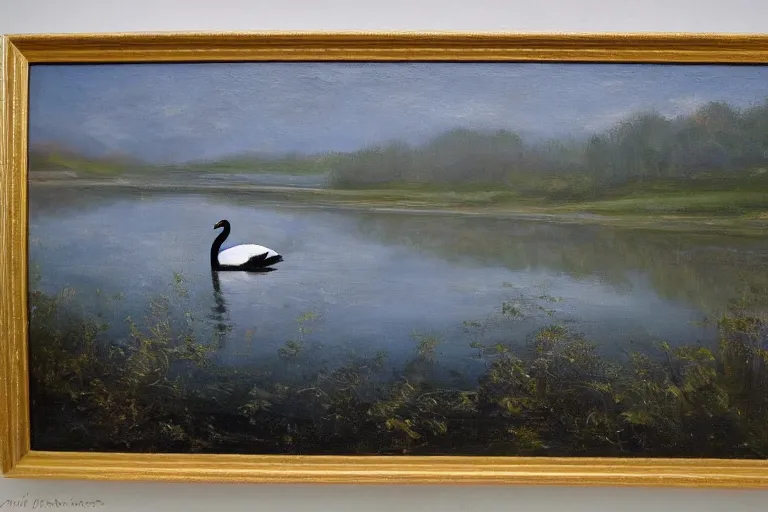 Image similar to oil painting, long view, black swan in the middle of the lake, neodada