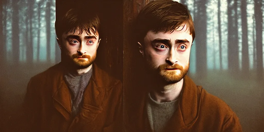Prompt: portrait bust of daniel radcliffe, solemn expression, faded color film, russian cinema, tarkovsky, kodachrome, old cabin, next to window, heavy forest outside, long brown hair, old clothing, heavy fog, blue hour, hudson river school, 4 k, dramatic lighting, greg rutkowski
