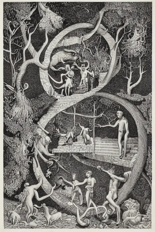 Prompt: Orpheus charming the beasts. Engraving by M.C. Escher