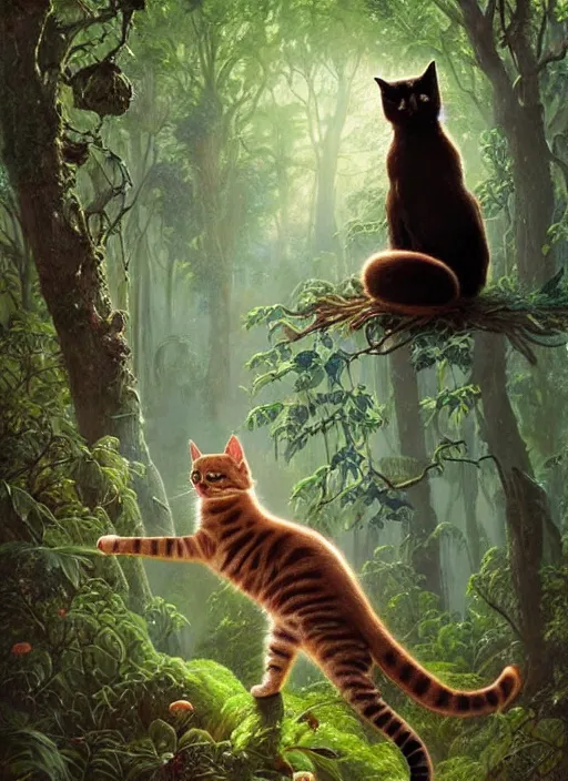 Image similar to a hyper realistic cat god with happy lighting and technology jewelry in the woods gorgeous lighting, sunbeams blue sky, lush forest foliage painting by chiara bautista and beksinski and norman rockwell and greg rutkowski weta studio, and lucasfilm