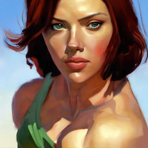 Image similar to greg manchess portrait painting of scarlett johansson as adult beautiful thick muscular female bodybuilder toph beifong from avatar, medium shot, asymmetrical, profile picture, organic painting, sunny day, matte painting, bold shapes, hard edges, street art, trending on artstation, by huang guangjian and gil elvgren and sachin teng