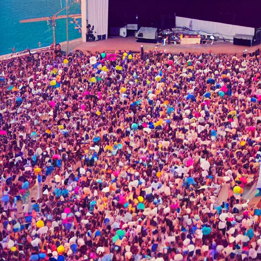 Image similar to aerial view of an concert with a huge stage, kodak portra 4 0 0, vaporwave colors, faded effect, 9 0 s vibe, tropical vibe,