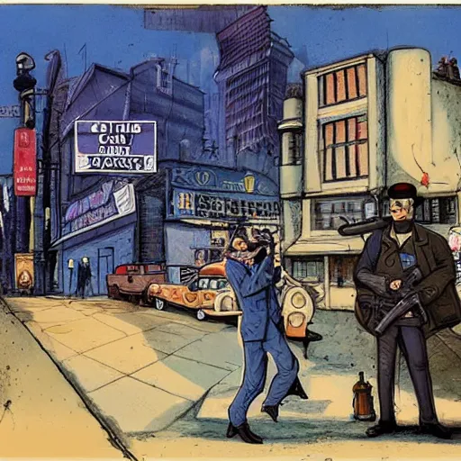 Image similar to detective pointing gun at camera, city street, artwork by ralph bakshi