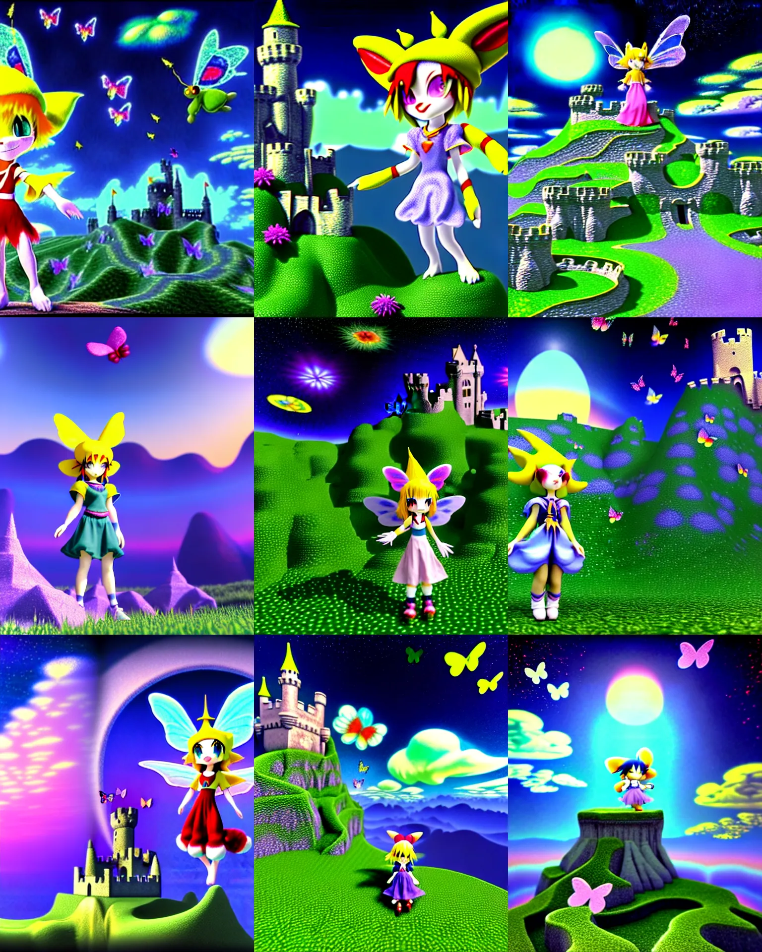 Prompt: 3 d render of chibi wizard klonoa fairy standing in raytraced mountain landscape with castle ruins against a psychedelic surreal background with 3 d butterflies and 3 d flowers n the style of 1 9 9 0's cg graphics against the cloudy night sky, lsd dream emulator psx, 3 d rendered y 2 k aesthetic by ichiro tanida, 3 do magazine, wide shot