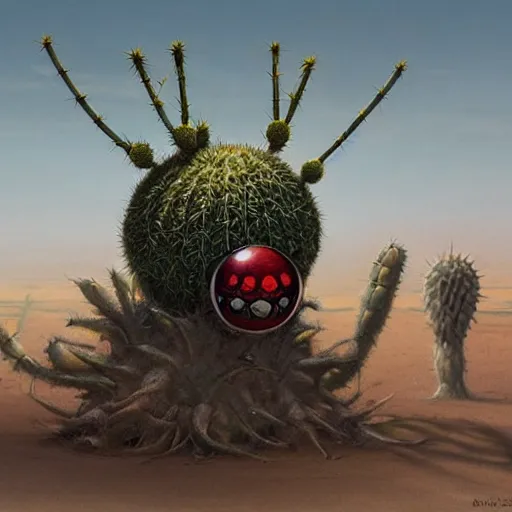 Image similar to ball creature covered with eyes, with two antennas, in the desert next to a cactus, d & d, fantasy, greg rutkowski, frank frazetta, alexandre chaudret, boris vallejo, michael whelan, miro petrov, hr giger, magali villeneuve, donato giancola